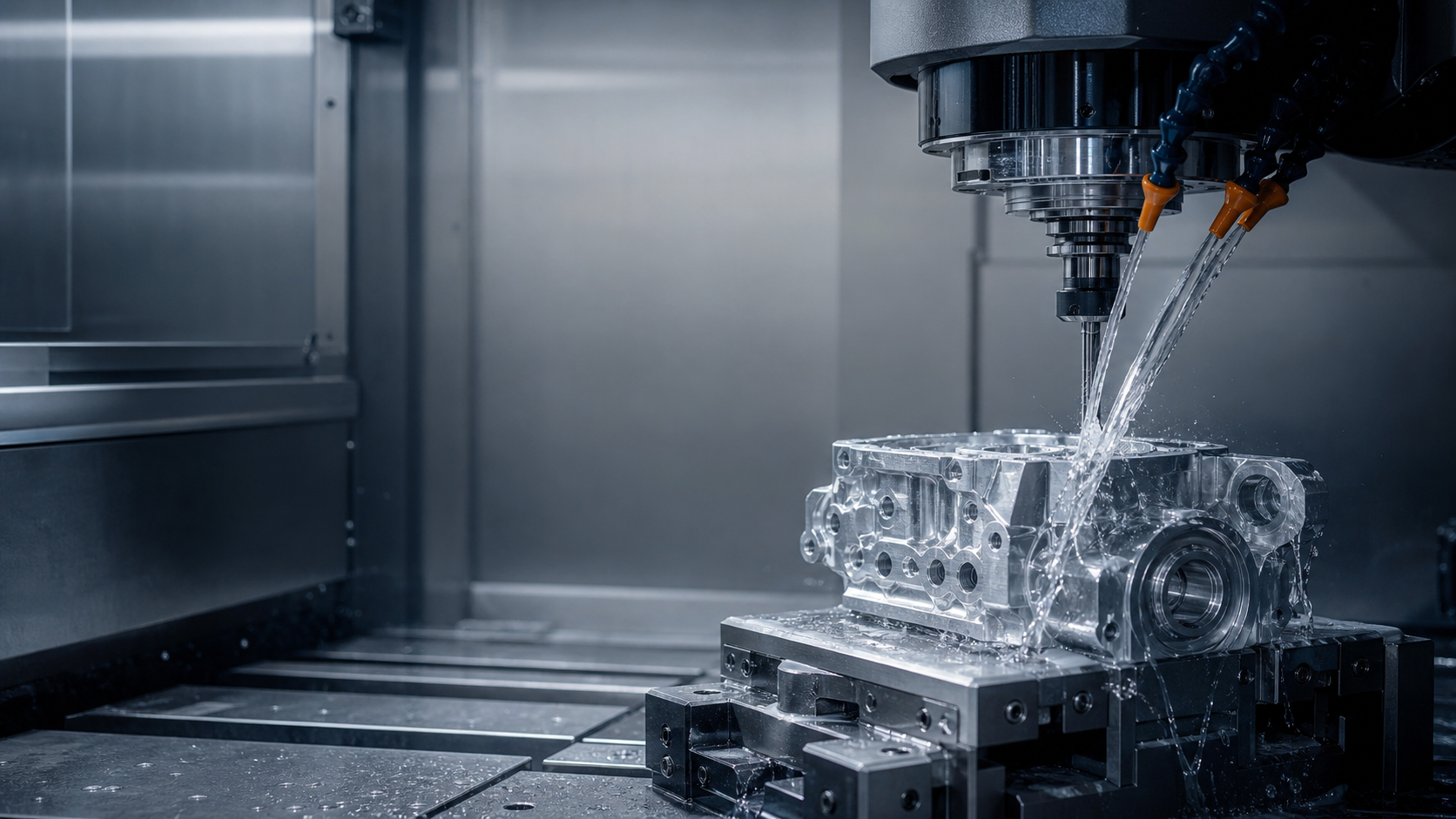 Cutting fluid flowing during CNC machining